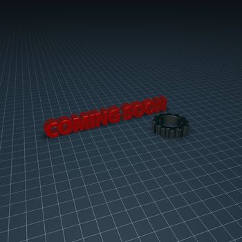 coming soon tag and gear wheel - 3d illustration