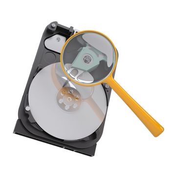 Hard disk under a magnifying glass. Isolated render on a white background