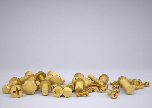 Brass bolts. Render on a gray background