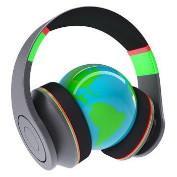 Music of the world. Headphones on the planet. Isolated render on a white background