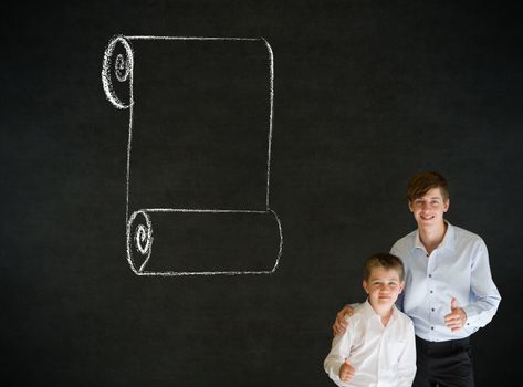 Thumbs up boy dressed up as business man with teacher chalk menu scroll checklist on blackboard