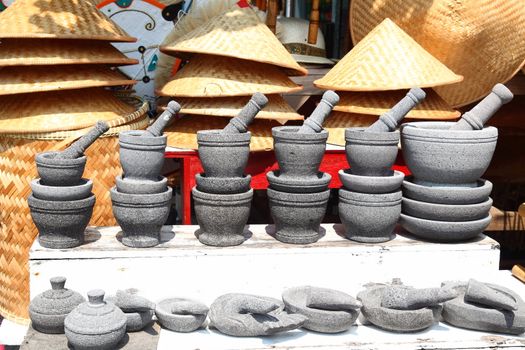 Souvenir sellers at Borobudur sell stone mortar from natural stone