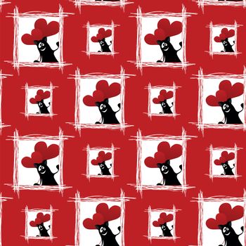 seamless pattern with friendly cartoon cat with ball of heart