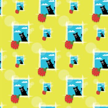 seamless pattern with friendly  cat with flowers
