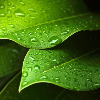 Green leaf with water drops for background