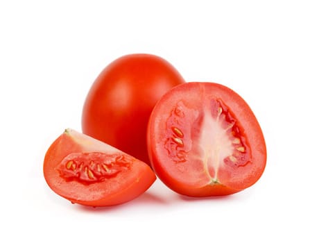 Red tomato vegetable with cut isolated on white