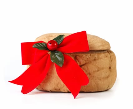 Red ribbon and a box on white background