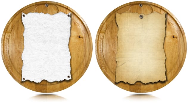 Two notebooks for recipes or menu on used wooden cutting boards