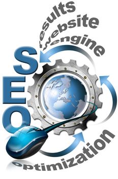 Illustration with metal written SEO, metal gear, mouse and blue globe
