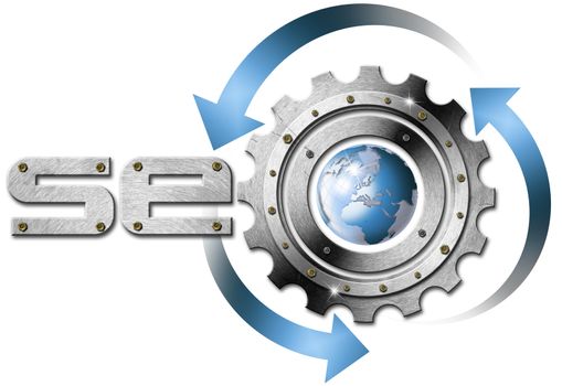 Illustration with metal written SEO, metal gear and blue globe