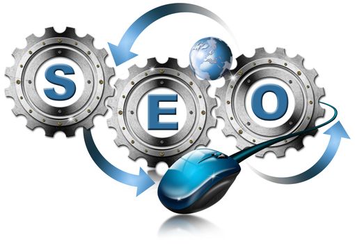 Illustration with metal gears, globe, mouse and written SEO
