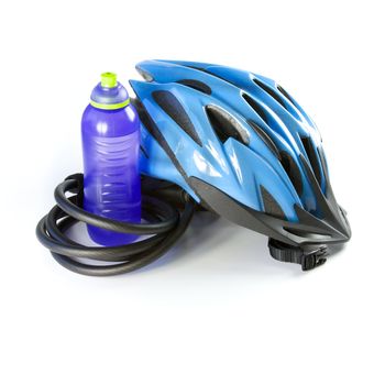 Biking helmet with a water bottle and lock, isolated