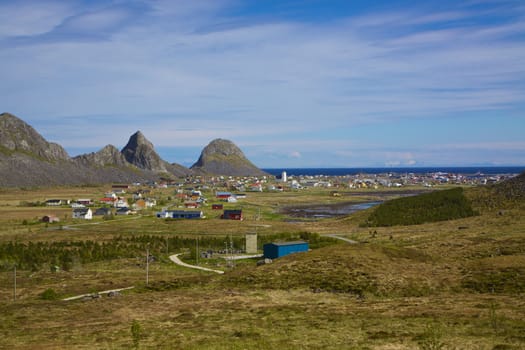 Scenic norwegian fishing town of Sorland on island Vaeroy, Lofoten islands