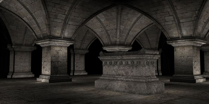 3D rendered scene of dark crypt with tomb