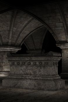 3D rendered scene of dark crypt with tomb