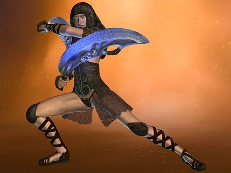 3D rendered fantasy woman warrior with exotic swords