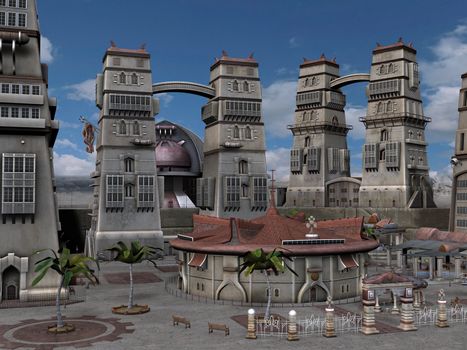 3D rendered fantasy ancient city with monuments