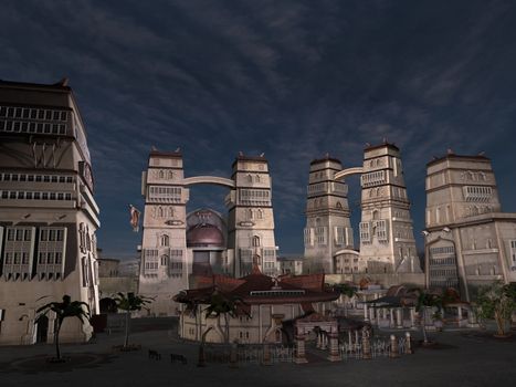 3D rendered fantasy ancient city with monuments