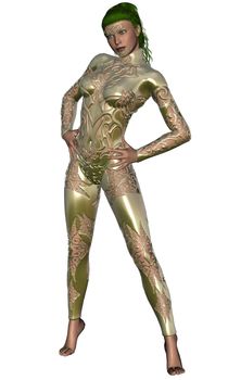 3d rendered sexy woman in steel bodysuite on white background isolated