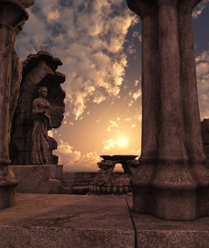 3D rendered fantasy ancient temple ruins with statues