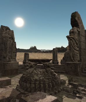 3D rendered fantasy ancient temple ruins with statues