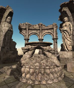 3D rendered fantasy ancient temple ruins with statues