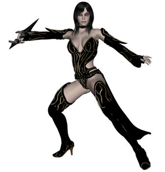 3D rendered woman dark elf warrior with spear on white background isolated