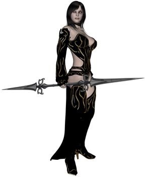 3D rendered woman dark elf warrior with spear on white background isolated