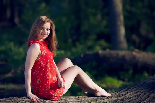 Beautiful girl in a red dress, siting on a log