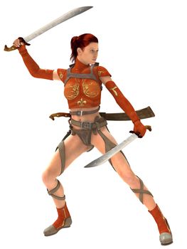 3D rendered woman warrior with swords on white background isolated