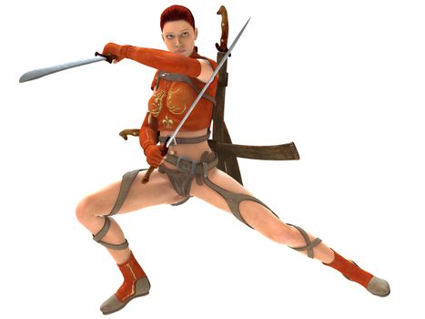 3D rendered woman warrior with swords on white background isolated