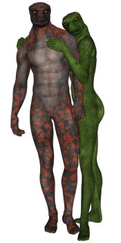 3D rendered lizard man and woman lovers on white background isolated