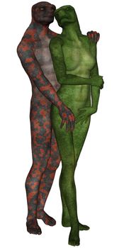 3D rendered lizard man and woman lovers on white background isolated