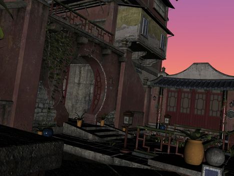 3D rendered image of ancient street of China