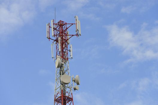 telecommunication tower with antennas on a blue sky background