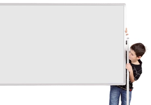 Portrait of happy little boy with white blank board isolated on white background