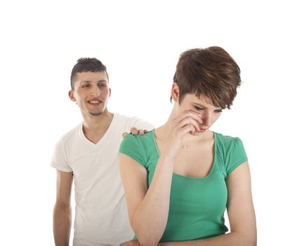Young man and woman arguing isolated on white background