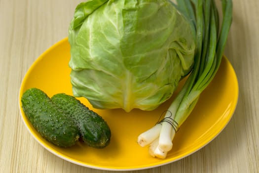 Cucumbers, onions and cabbage on a plate