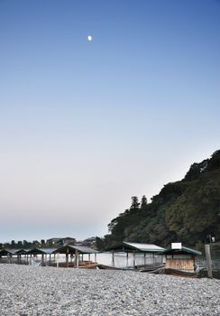 Boats on Katsura river at autumn in Arashiyama, Kyoto, Japan 