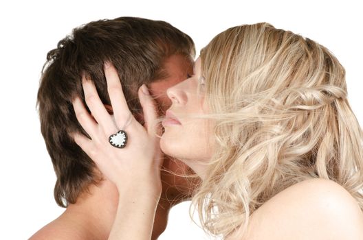 Kissing man and woman - lovers closeup portraits