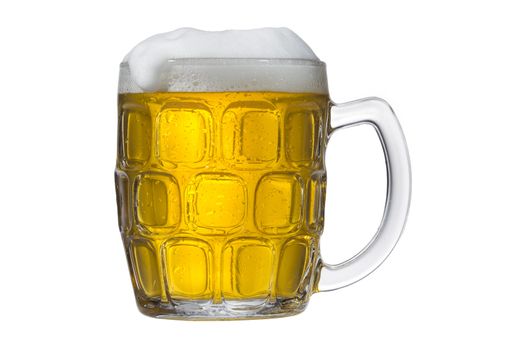 Detailed shot of a beer mug filled with beer against white background.