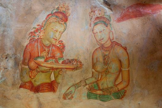 Ancient famous wall paintings (frescoes) at Sigirya, Sri Lanka.