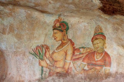 Ancient famous wall paintings (frescoes) at Sigirya, Sri Lanka.