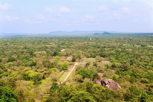 The gardens of Sigiriya, view from the summit of the Sigiriya rock in Sri Lanka,ancient fortress and buddhist monastery