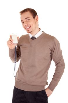 Young man with business card isolated on white background