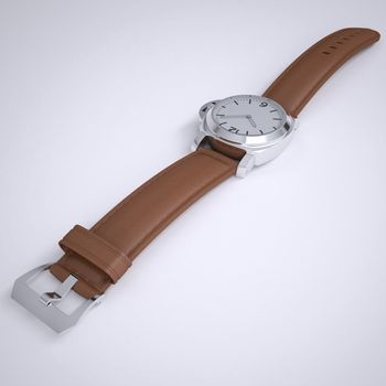 Mechanical wristwatch with a leather strap. 3d render of a gray background