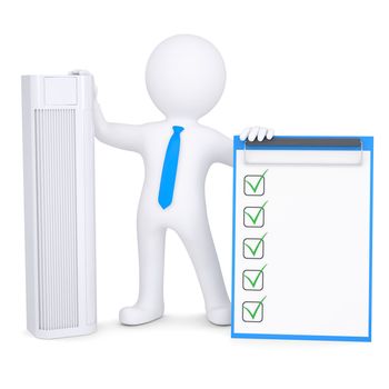 3d man holding conditioner and checklist. Isolated render on a white background