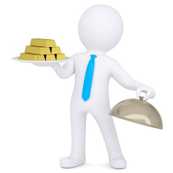 3d white man keeps on a platter of gold bullion. Isolated render on a white background