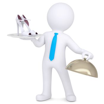 3d man holding female shoes on a platter. Isolated render on a white background