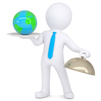 3d man holding a globe on a platter. Isolated render on a white background
